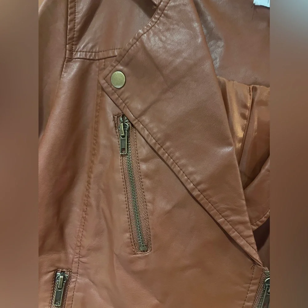 TOBI Vegan Faux Leather Hooded Motorcycle Moto‎ Zippered Brown Jacket Size Small